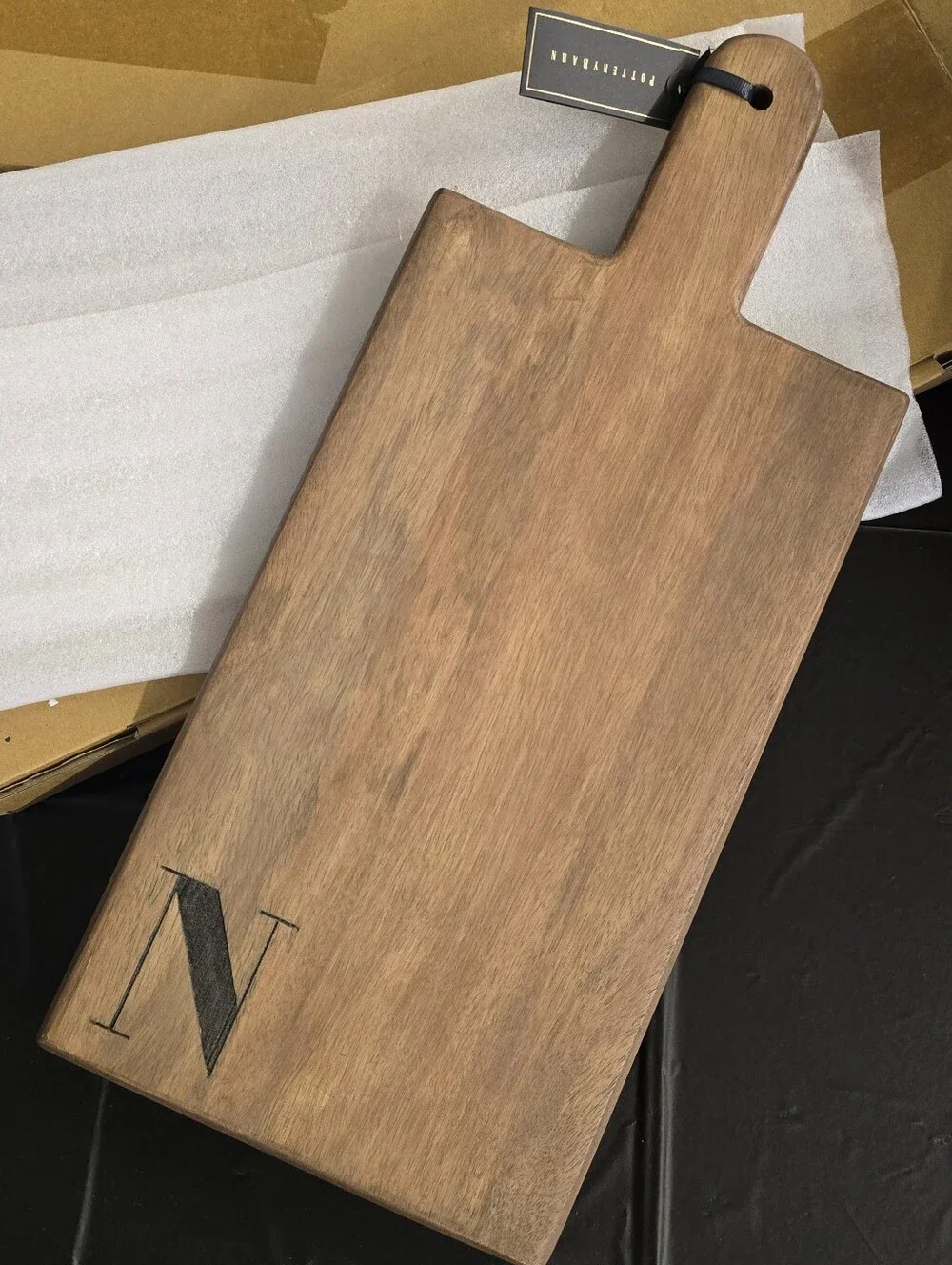 Pottery Barn Cutting Board with N initial. New in box.